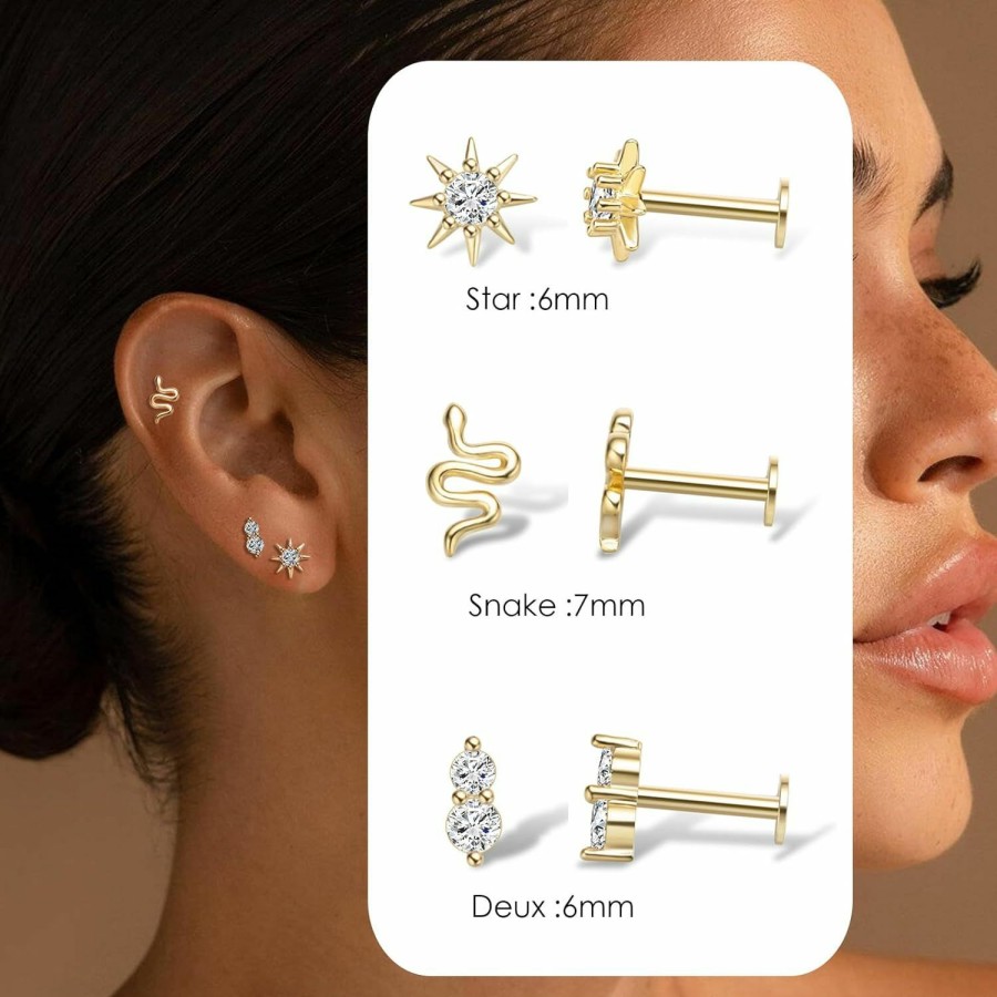 ELF ON THE EAR Flat Back Earrings For Women Dainty Gold Flatback Earrings,14K Gold Cartilage Earring Hypoallergenic Titanium Earring Set Multiple Piercing Small Hoop Earrings Gifts For Her | Earrings