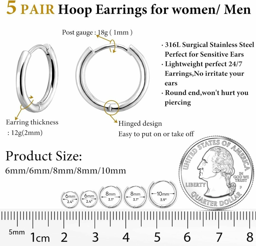 Gokeey Gokeey 5 Pairs 316L Stainless Steel Small Hoop Earrings Set For Women, Cute Huggie Earrings For Women, Hypoallergenic Tiny Cartilage Earrings Hoop Silver Hoop Earrings For Men Multiple Piercing Jewelry Gift | Earrings