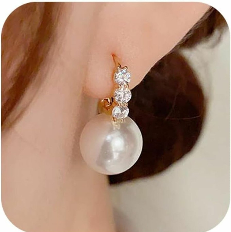 Ritach Ritach Pearl Earrings For Women 925 Sterling Silver White Gold Dangle Drop Earrings 5A Cubic Zirconia Pearl Drop Earrings Large Size 12Mm | Earrings