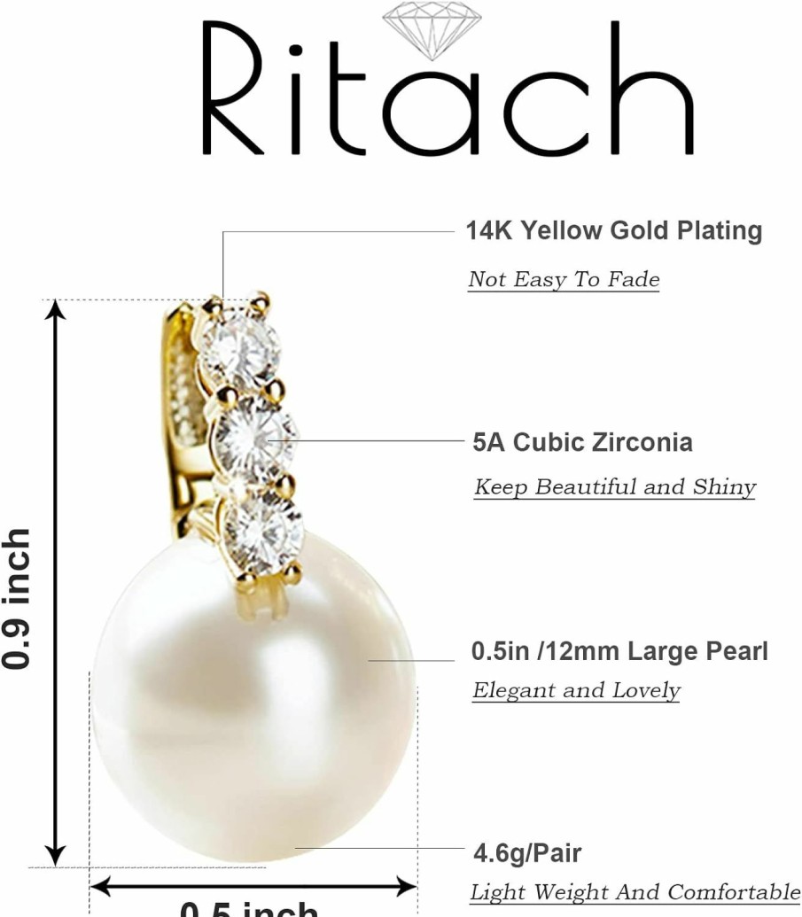 Ritach Ritach Pearl Earrings For Women 925 Sterling Silver White Gold Dangle Drop Earrings 5A Cubic Zirconia Pearl Drop Earrings Large Size 12Mm | Earrings