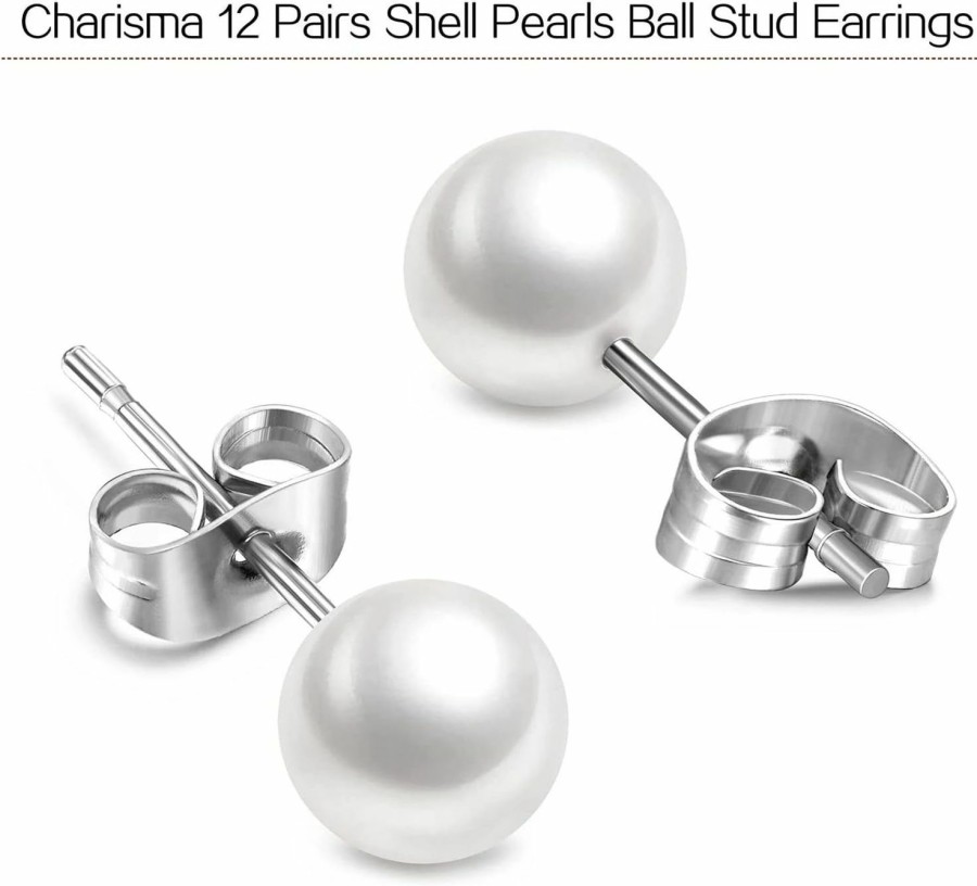 Charisma Charisma 4-12Mm Composite Round Ball Pearls Stud Hypoallergenic 12 Pairs Mixed Sizes Imitation Pearl Stainless Steel Earrings Set For Girls Women | Earrings