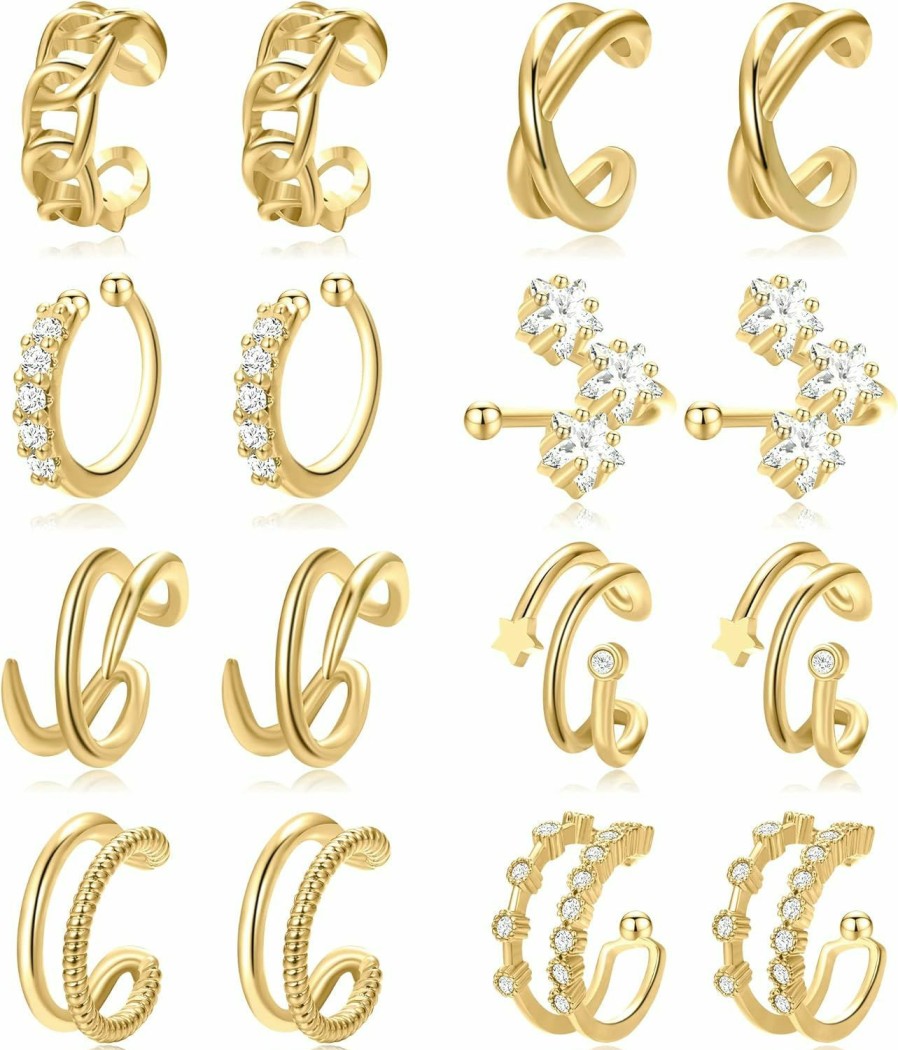 17KM 16 Pcs Gold Ear Cuffs Earrings For Women Non Piercing, 14K Real Gold Plated Adjustable Fake Clip On Earrings Set For Gift | Earrings