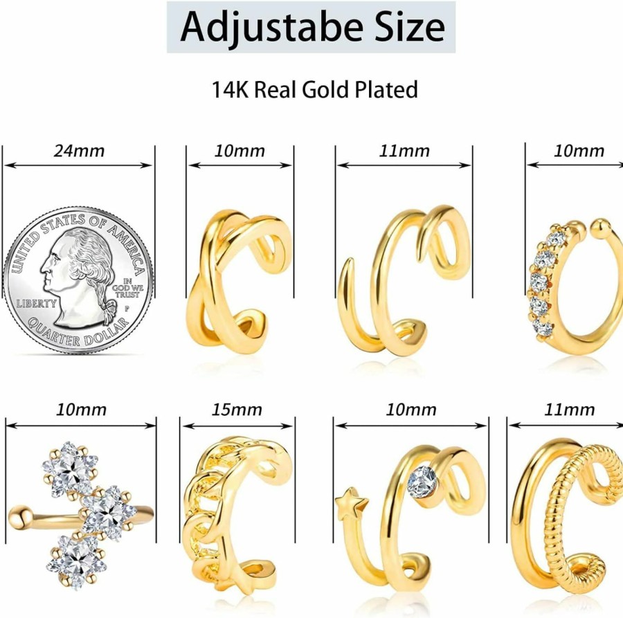 17KM 16 Pcs Gold Ear Cuffs Earrings For Women Non Piercing, 14K Real Gold Plated Adjustable Fake Clip On Earrings Set For Gift | Earrings