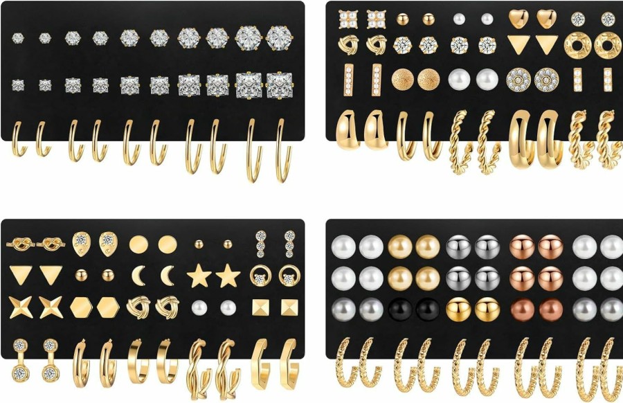 iF YOU 84 Pairs Gold Stud Earrings Set For Women Multipack, Fashion Pearl Cubic Zirconia Butterfly Earrings Packs Piercings, Hypoallergenic Stud Hoops Earrings For Gift | Earrings