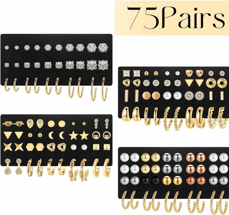 iF YOU 84 Pairs Gold Stud Earrings Set For Women Multipack, Fashion Pearl Cubic Zirconia Butterfly Earrings Packs Piercings, Hypoallergenic Stud Hoops Earrings For Gift | Earrings