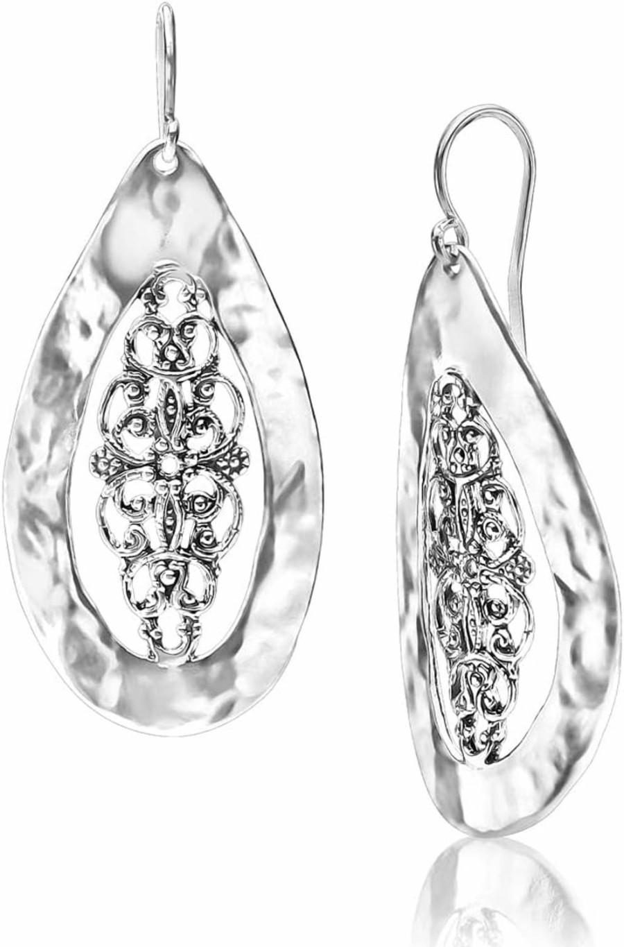 JEAN RACHEL JEWELRY 925 Sterling Silver Earrings Large Drop Shape Lace, Oxidized, Stylish, Hypoallergenic, Nickel And Lead-Free, Artisan Handcrafted Designer Collection, French Wire Back, Made In Israel, Gift For Her | Earrings