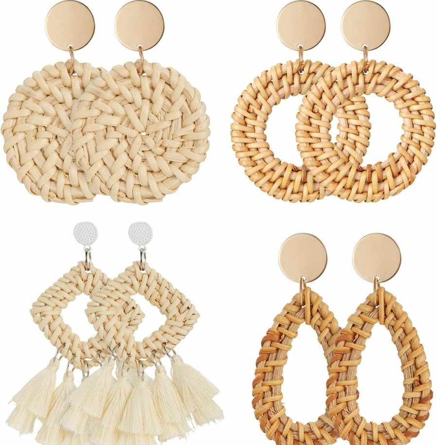 meekoo 4 Pairs Rattan Earrings Lightweight Geometric Tassel Woven Bohemian Earrings Handmade Straw Wicker Braid Hoop Drop Dangle Earrings For Women Girls | Earrings