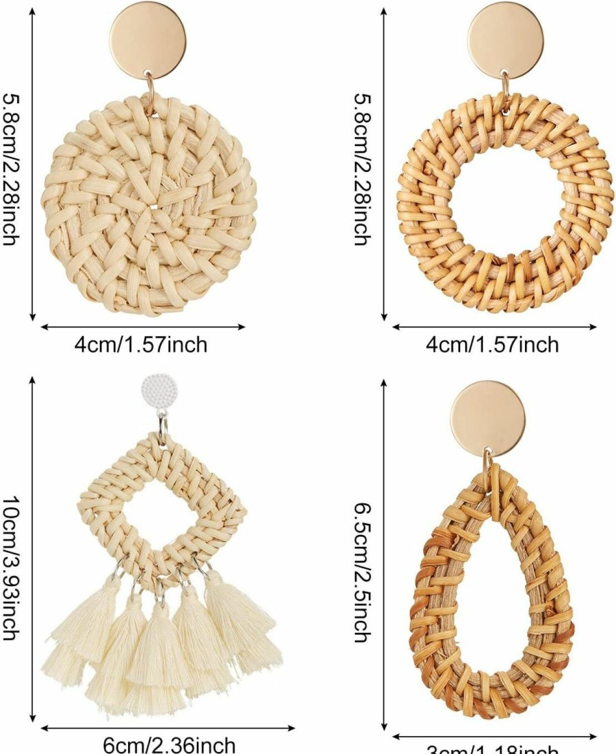 meekoo 4 Pairs Rattan Earrings Lightweight Geometric Tassel Woven Bohemian Earrings Handmade Straw Wicker Braid Hoop Drop Dangle Earrings For Women Girls | Earrings