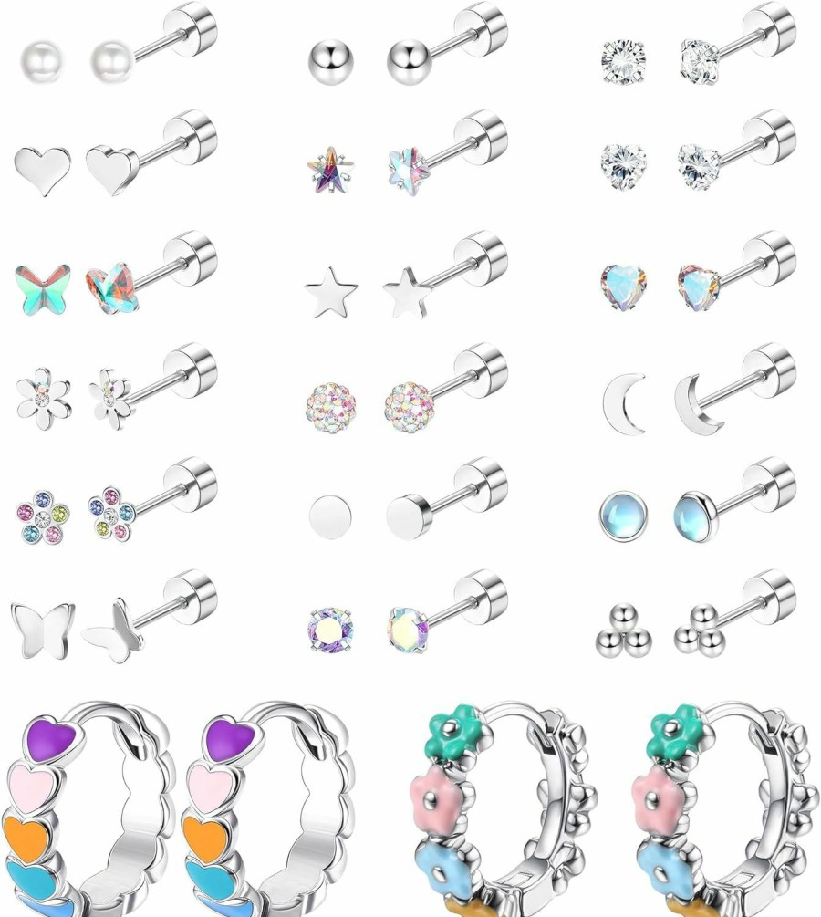 LOYALLOOK Loyallook 20Pairs Screw Back Earrings Stud For Girls Women Surgical Steel Hypoallergenic Cartilage Stud Earrings Tiny Opal Cz Screwback Flat Back Stud Earrings Cute Heart Hoop Earrings Set 20G | Earrings