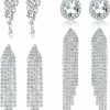 THUNARAZ Thunaraz 4 Pairs Silver Clip On Earrings For Women, Sparkly Rhinestone Tassel Chandelier Teardrop Dangle Earrings For Brides Bridesmaids Non Pierced Prom Jewelry Set | Earrings