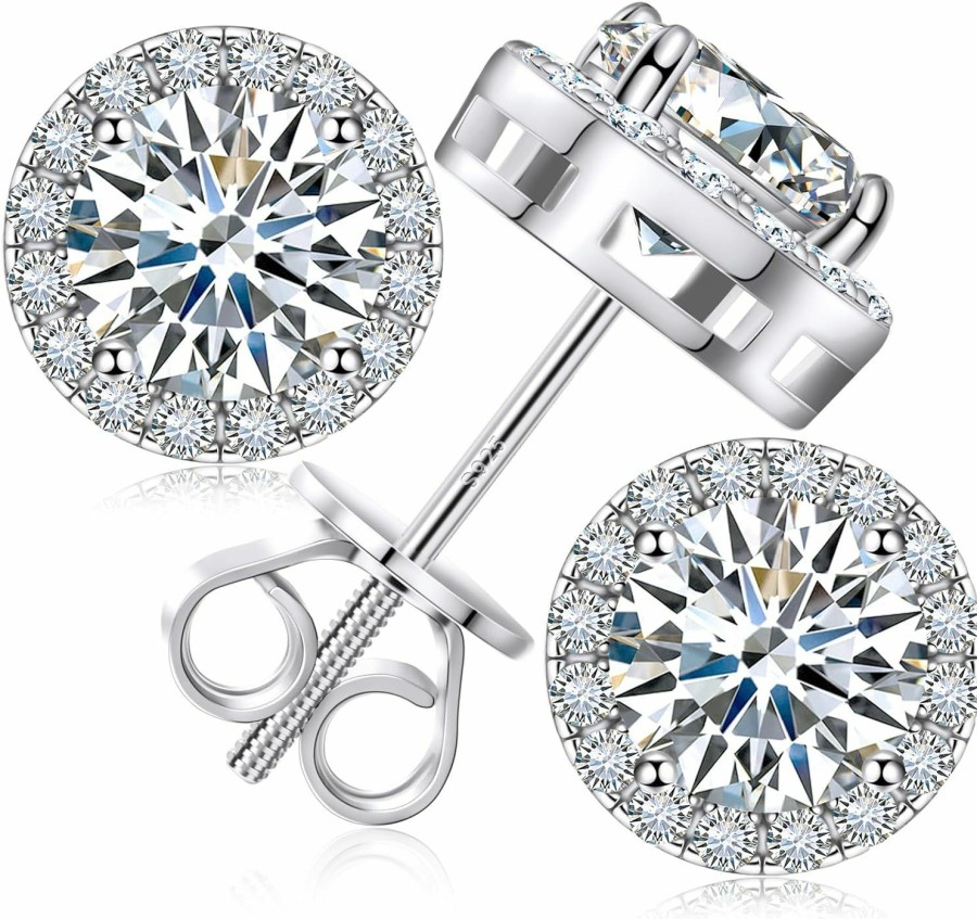 Gugots Moissanite Halo Earrings Stud Screw Back 0.2-8.0Ct 3-8Mm 18K White Gold Plated 925 Sterling Silver Lab Round Cut Brilliant D Color Moissanite Earrings For Women Girls Men | Earrings