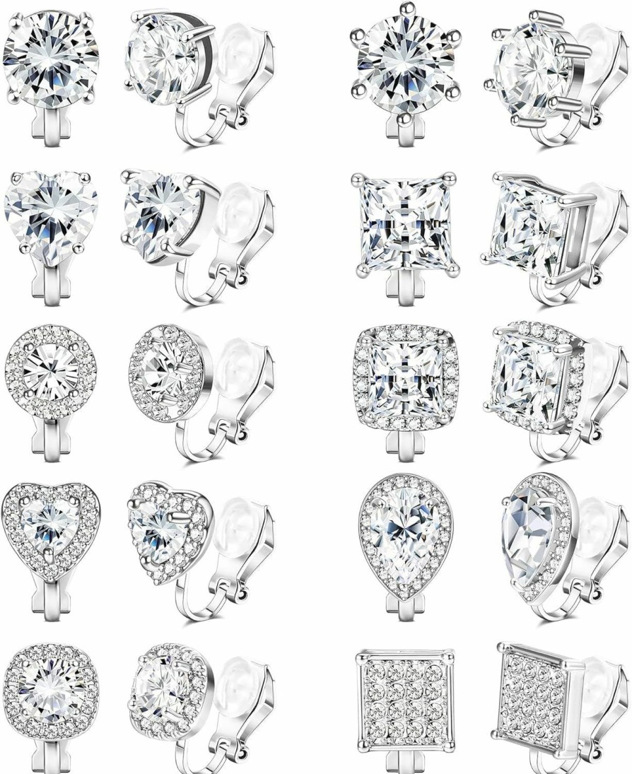 LOYALLOOK Loyallook 10Pairs Cubic Zirconia Clip On Earrings For Women Square Heart Ear Clips Earring Crystal Non-Pierced Clip Earrings | Earrings