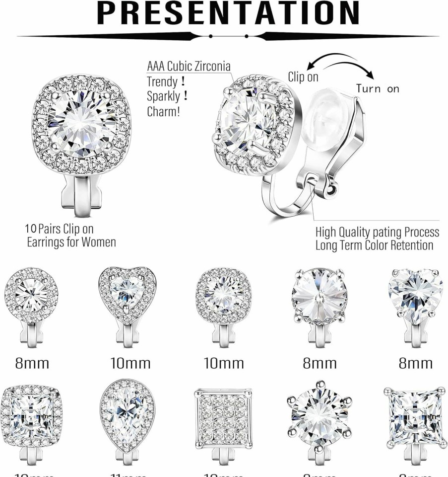 LOYALLOOK Loyallook 10Pairs Cubic Zirconia Clip On Earrings For Women Square Heart Ear Clips Earring Crystal Non-Pierced Clip Earrings | Earrings