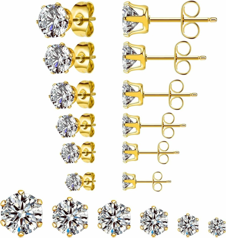 Ringcal Ringcal 6 Pairs Stainless Steel Stud Earrings Set Hypoallergenic Cubic Zirconia 14K White Gold Cz Earrings For Women | Earrings