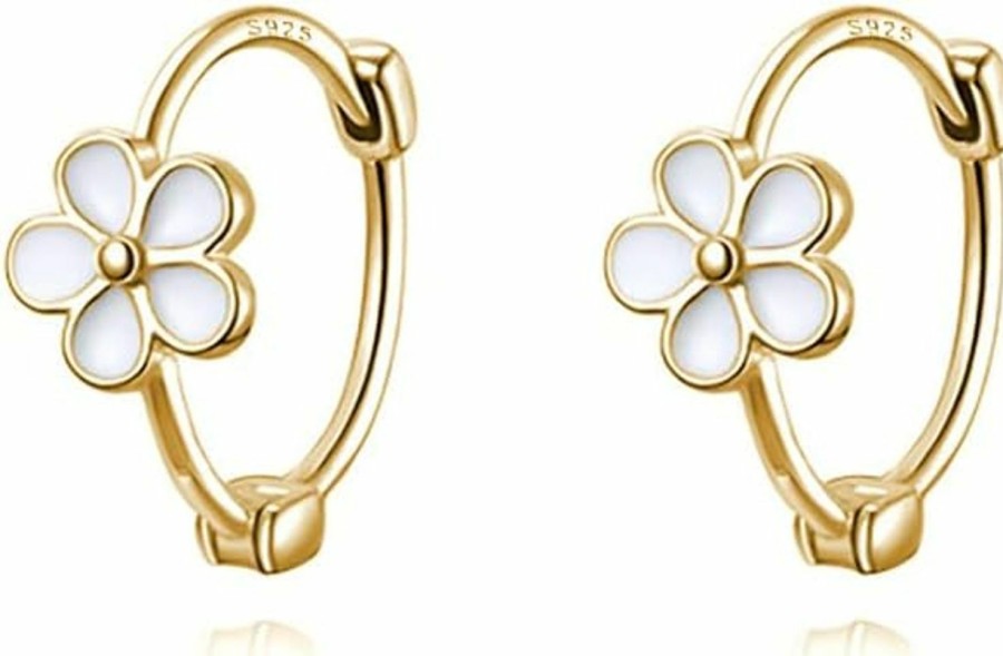 Reffeer Reffeer Solid 925 Sterling Silver Daisy Hoop Earrings Huggies For Women Girls Small White Flower Hoop Earrings Cartilage Helix Earrings | Earrings