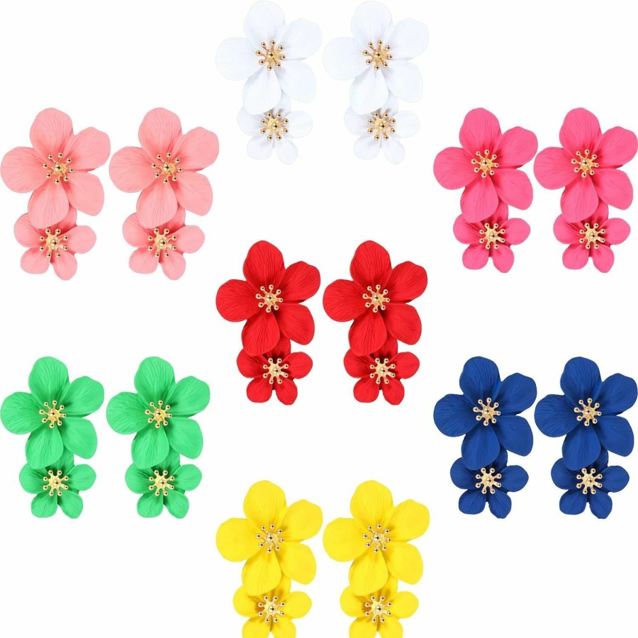 Hicarer 7 Pairs Boho Flower Stud Earrings For Women Girls, Flower Shaped Daisy Earrings With Gold Bud | Earrings