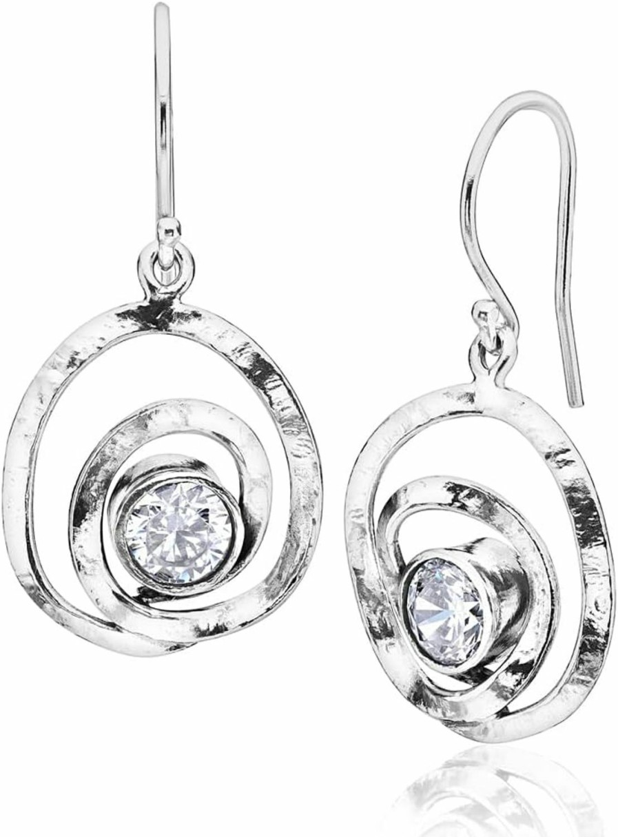 JEAN RACHEL JEWELRY 925 Sterling Silver Dangle Drop Earrings Free Form With 2 White Round Cubic Zirconia, Antique Finish, Hypoallergenic, Nickel And Lead-Free, French Wire Earring Back | Earrings