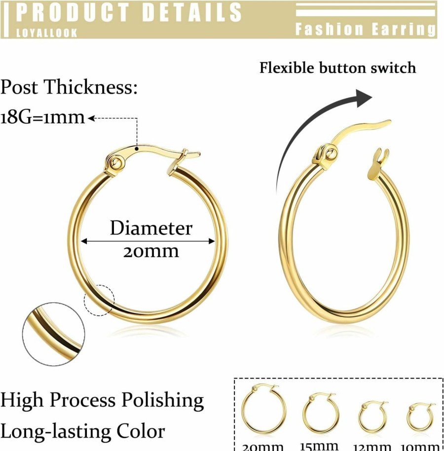 LOYALLOOK Loyallook Gold Hoop Earrings Set Stainless Steel Rounded Small Hoop Earrings Set For Women Cute Huggie Earrings Nickel Free 10/12/15/20Mm | Earrings