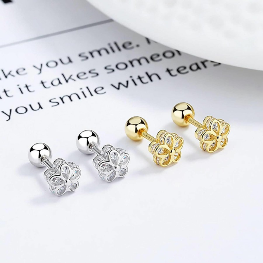 THOKUNA Thokuna 925 Sterling Silver 18K Gold Plated Cubic Zirconia Screw Back Cute Flower Stud Earrings For Women And Girl | Earrings