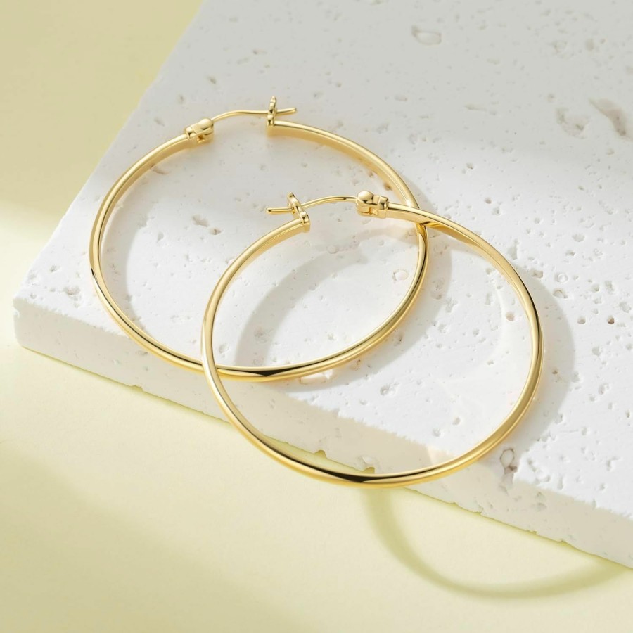 Chantel Yorke Hoop Earrings 14K Gold Earrings For Women'S Hoop Earrings Minimalist 14K Gold Hoop Earrings For Woman Elegant Large Gold Hoops 45Mm*2Mm | Earrings