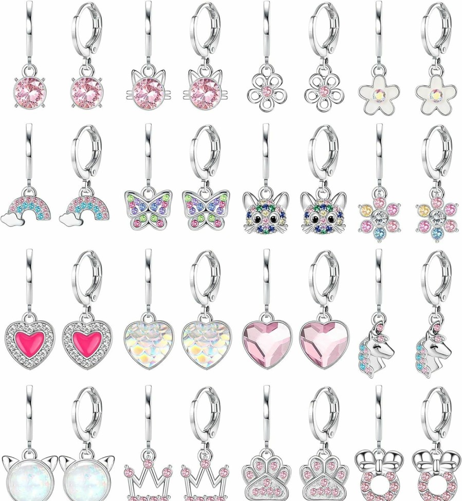 Besteel Besteel 16 Pairs Cute Dangle Girls Earrings Set Hypoallergenic Cz Opal Animal Stainless Steel Dangly Huggie Hoop Earrings For Girls Women Sensitive Ears Gift Multipack | Earrings