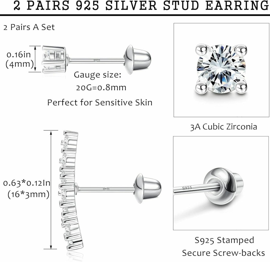 Sllaiss Sllaiss 2 Pairs Sterling Silver Cz Cartilage Stud Earrings Set For Women White Gold Plated Climber Helix Conch Daith Piercing With Screw Back (Silver) | Earrings