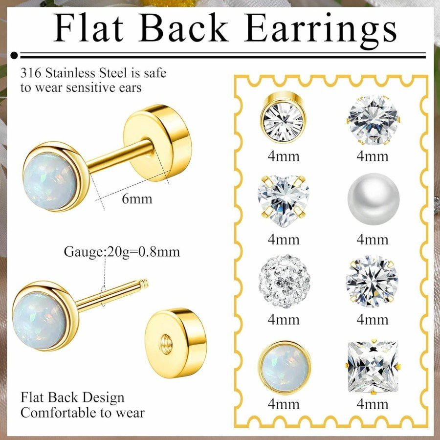 Staligue Staligue 8 Pairs Titanium Surgical Steel Earrings For Women Men Hypoallergenic Flat Back Stud Earrings For Sensitive Ears 20 Gauge Surgical Steel Cartilage Earring Opal Cz Pearl Small Nap Sleeper Earrings | Earrings