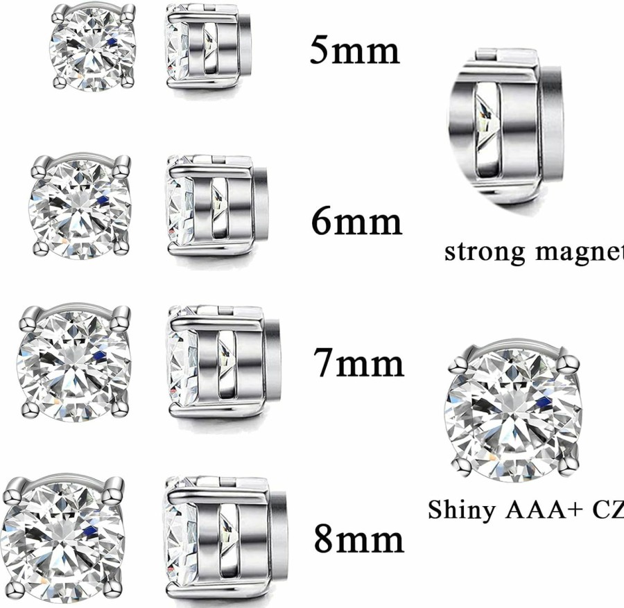 WAINIS Wainis 8 Pairs Stainless Steel Mens Womens Stud Earrings Non-Piercing Cz 5-8Mm | Earrings