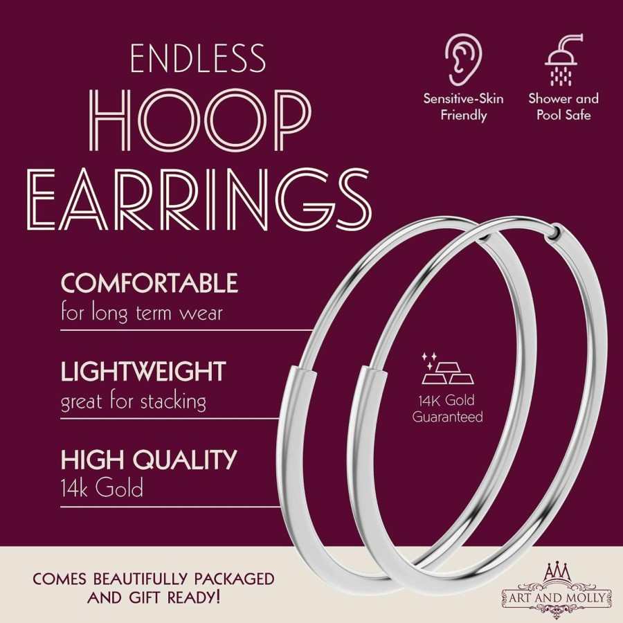 Art and Molly 14K White Gold Endless Hoop Earrings Round Flexible Thin Small Little Continuous Real Pure Gold Hoops | Earrings