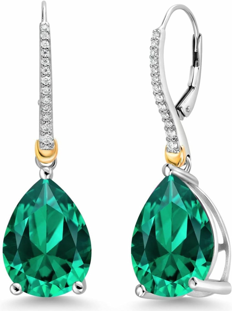 Gem Stone King Gem Stone King 925 Sterling Silver And 10K Yellow Gold Green Nano Emerald And White Moissanite Dangle Earrings For Women (16.71 Cttw, Pear Shape 16X12Mm) | Earrings