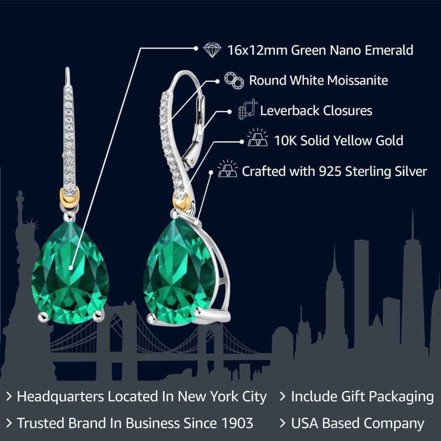 Gem Stone King Gem Stone King 925 Sterling Silver And 10K Yellow Gold Green Nano Emerald And White Moissanite Dangle Earrings For Women (16.71 Cttw, Pear Shape 16X12Mm) | Earrings