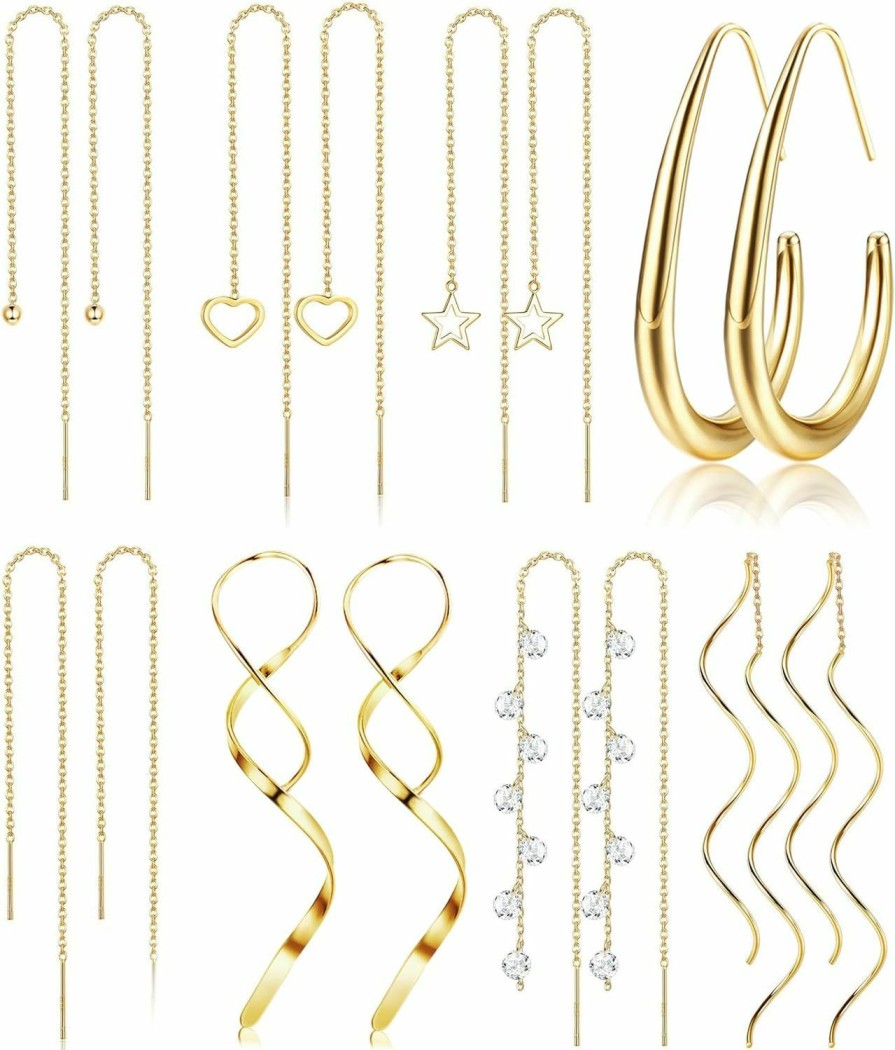 LOLIAS Lolias Threader Earrings For Women Gold Silver Plated Dangle Thread Earrings Dainty Spiral Twisted Wave Ball Tassel Chain Earrings Long Surgical Steel Pull Through Earrings For Women Lightweight | Earrings