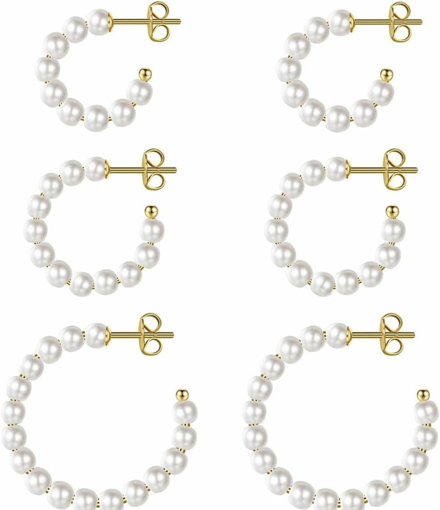 MUYAN Pearl Hoop Earrings For Women,14K Gold Plated Beaded Pearl Earrings Lightweight White Pearl Hoop Earrings Chunky Hoops | Earrings