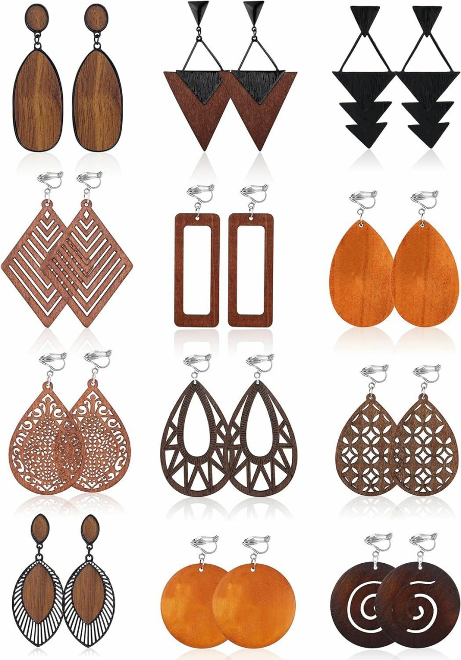 PATISORNA Patisorna 12 Pairs Wooden Clip On Earrings For Women African Natural Wooden Dangle Earrings Lightweight Drop Earrings Ethnic Statement Drop Earrings Set | Earrings