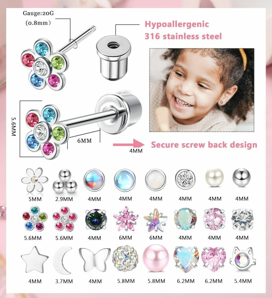 SAILIMUE Sailimue 24 Pairs Hypoallergenic Screw Back Earrings For Women Girls Surgical Steel Cute Tiny Cz Pearl Ball Heart Flower Screwback Stud Earrings Set | Earrings