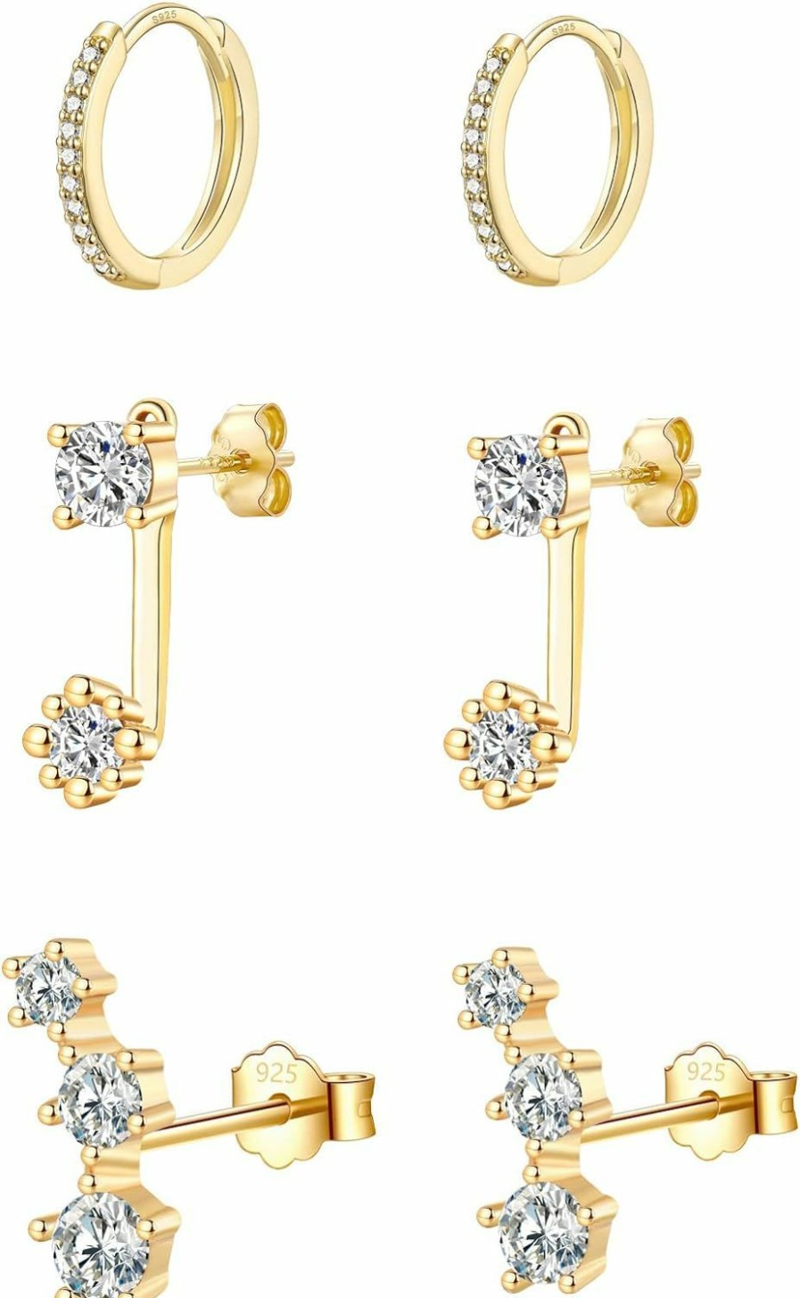 EPIRORA Sterling Silver Stud Earrings For Women Girls- 3 Pairs Cz Cubic Zirconia Small Cartilage Stud Earrings Set, Silver/Gold | Earrings