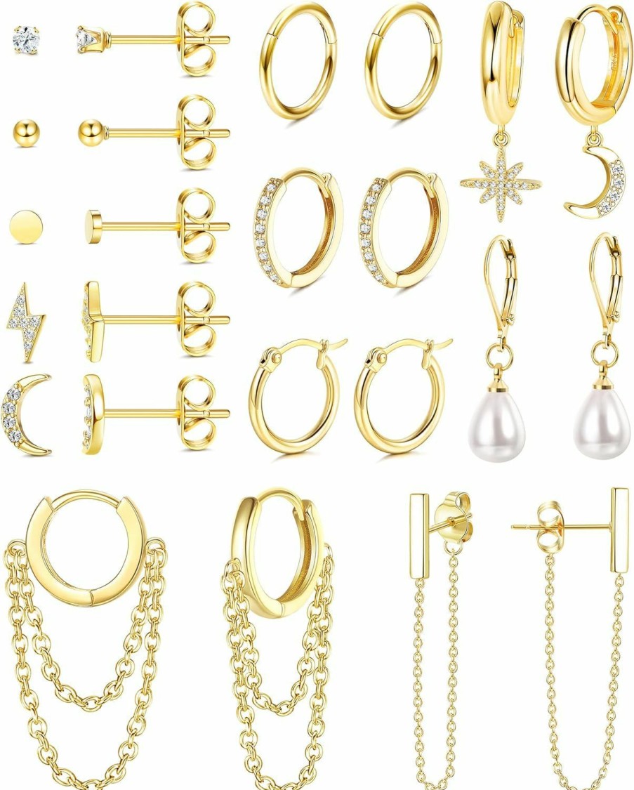 FASACCO Fasacco Earring Set For Multiple Piercing 18K Gold Plated Chain Earrings Gold Earrings Set Stud Hoop Earrings Set Moon And Star Pearl Dangle Earrings | Earrings