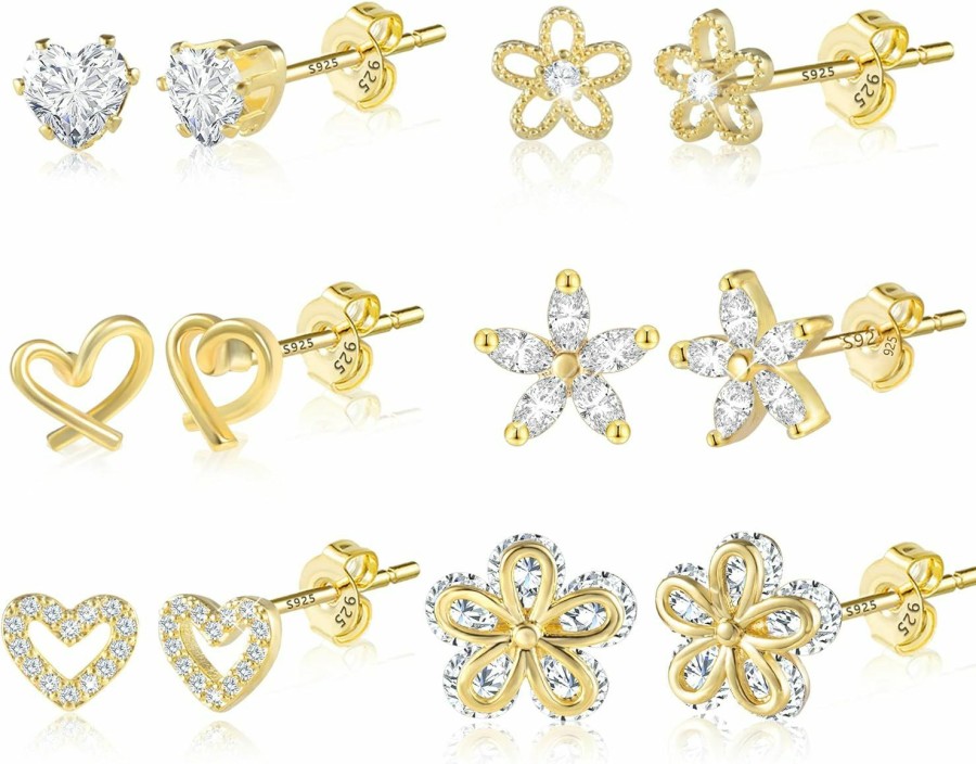 ALEXCRAFT Alexcraft Small Gold Stud Earrings 6 Pairs Cute Stud Earrings For Women Cubic Zirconia Earrings Studs 14K Gold Plated Heart Stud Earrings For Girls Hypoallergenic Stud Earrings Pack | Earrings