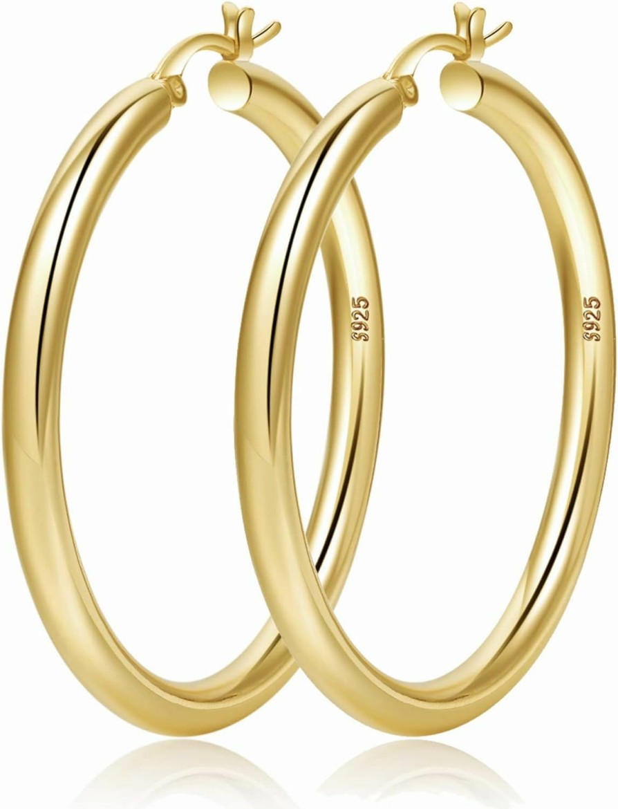 OOOPEL 4Mm Thick Gold Chunky Earrings Steling Silver Post Hoops Earrings For Women Hollow Tube Hoops Earrings Thick Gold Hoop Earrings Hypoallergenic Lightweight Gold Hoop Large Earrings 20/30/40/50/60Mm | Earrings