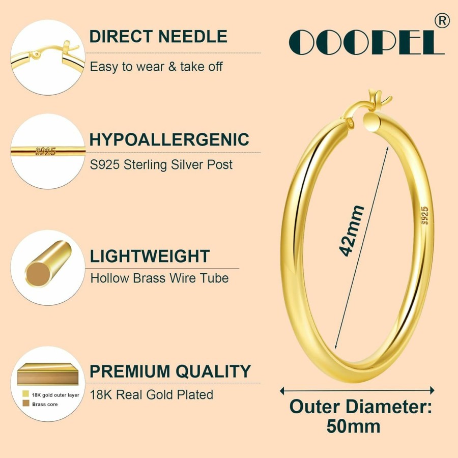 OOOPEL 4Mm Thick Gold Chunky Earrings Steling Silver Post Hoops Earrings For Women Hollow Tube Hoops Earrings Thick Gold Hoop Earrings Hypoallergenic Lightweight Gold Hoop Large Earrings 20/30/40/50/60Mm | Earrings