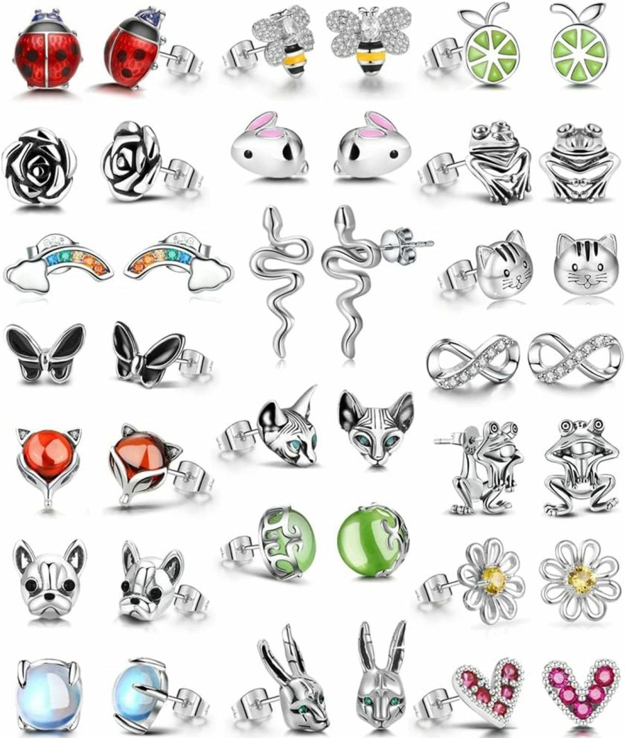 Hefanny 20 Pairs Stainless Steel Opal Cute Stud Earrings Set For Women Girls Animal Rainbow Ladybug Bee Butterfly Grog Cat Snake Fox Dog Spider Delicate Hypoallergenic Jewelry Set | Earrings