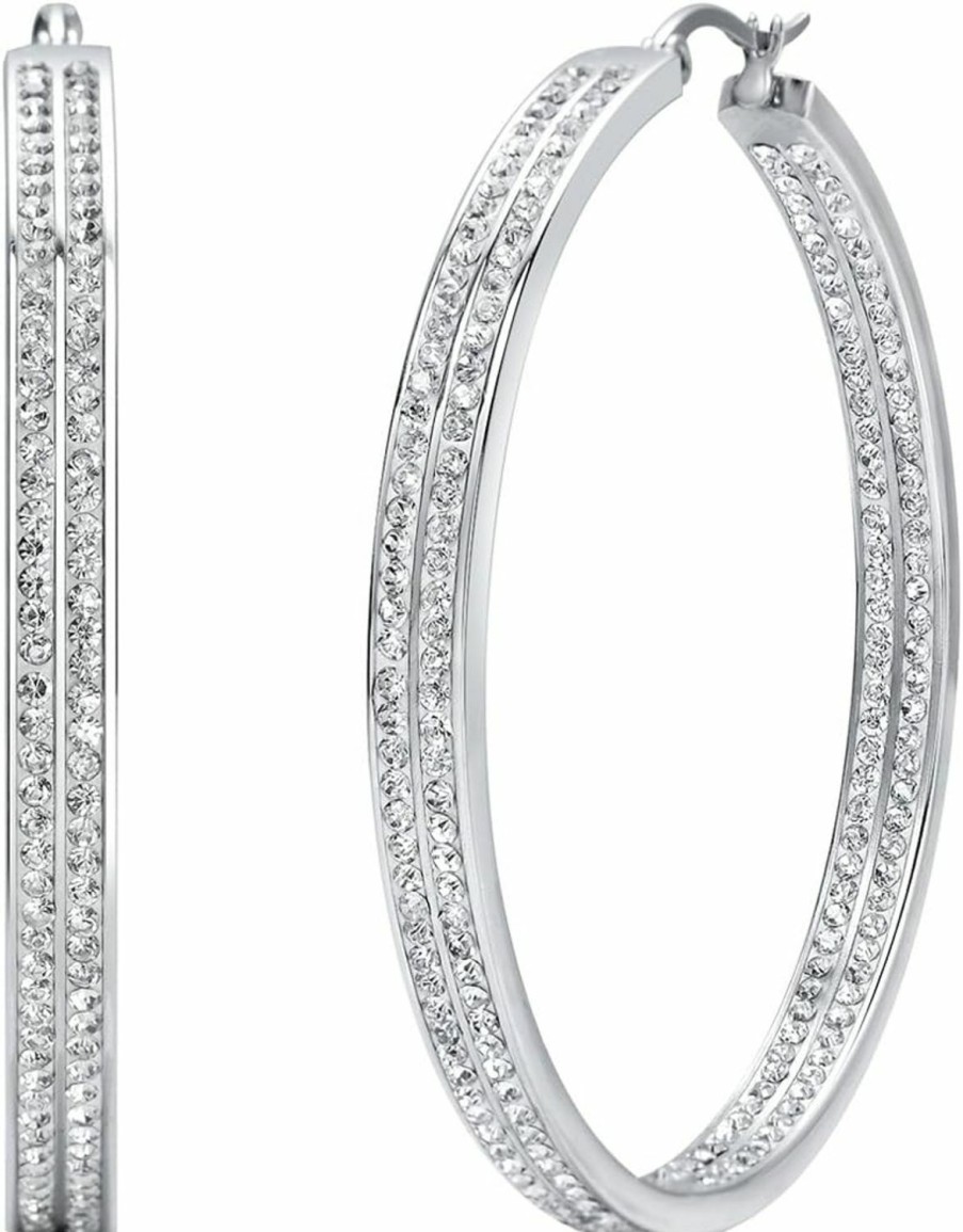 Jstyle Jstyle Women'S Stainless Steel Pierced Large Hoop Earrings With Rhinestone | Earrings