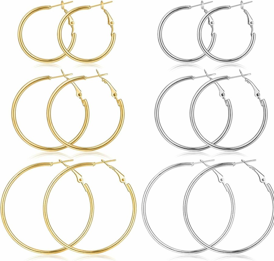 sroyte Sroyte 6 Pairs Hoop Earrings For Women, Stainless Steel Hoop Earring For Girls, Lightweight Hypoallergenic Dainty Silver Gold Hoops Earrings Set | Earrings