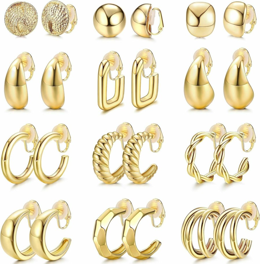 Florideco Florideco 12Pair Clip On Hoop Earrings Womens Gold Clip On Earrings Twist Round Chunky Hoop Earrings Clip Earrings No Piercing Fake Earrings | Earrings