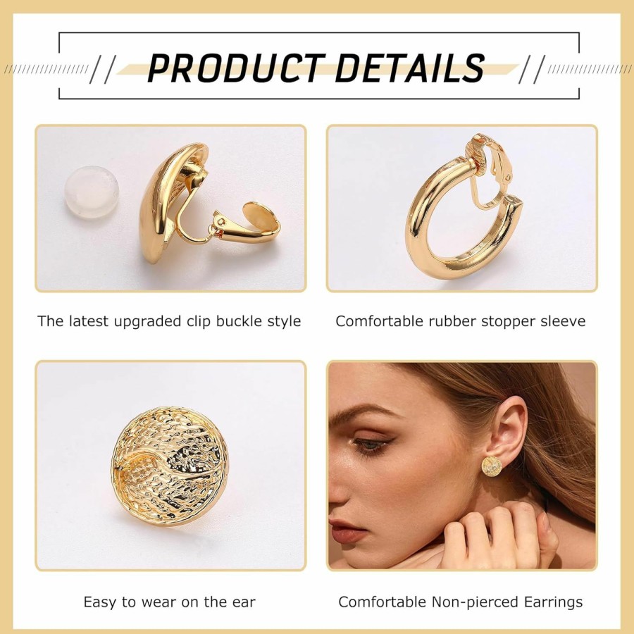 Florideco Florideco 12Pair Clip On Hoop Earrings Womens Gold Clip On Earrings Twist Round Chunky Hoop Earrings Clip Earrings No Piercing Fake Earrings | Earrings