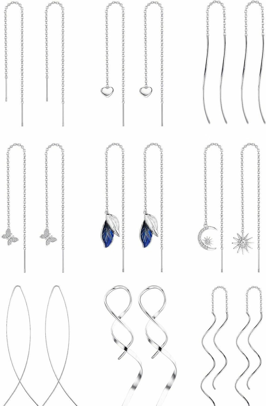 ORAZIO Orazio 9 Pairs Threader Earrings For Women Stainless Steel Chain Tassel Earrings Lightweight Double Twist Wave Heart Moon Leaf Threader Dangle Drop Earrings Minimalist Long Chain Earrings Set | Earrings