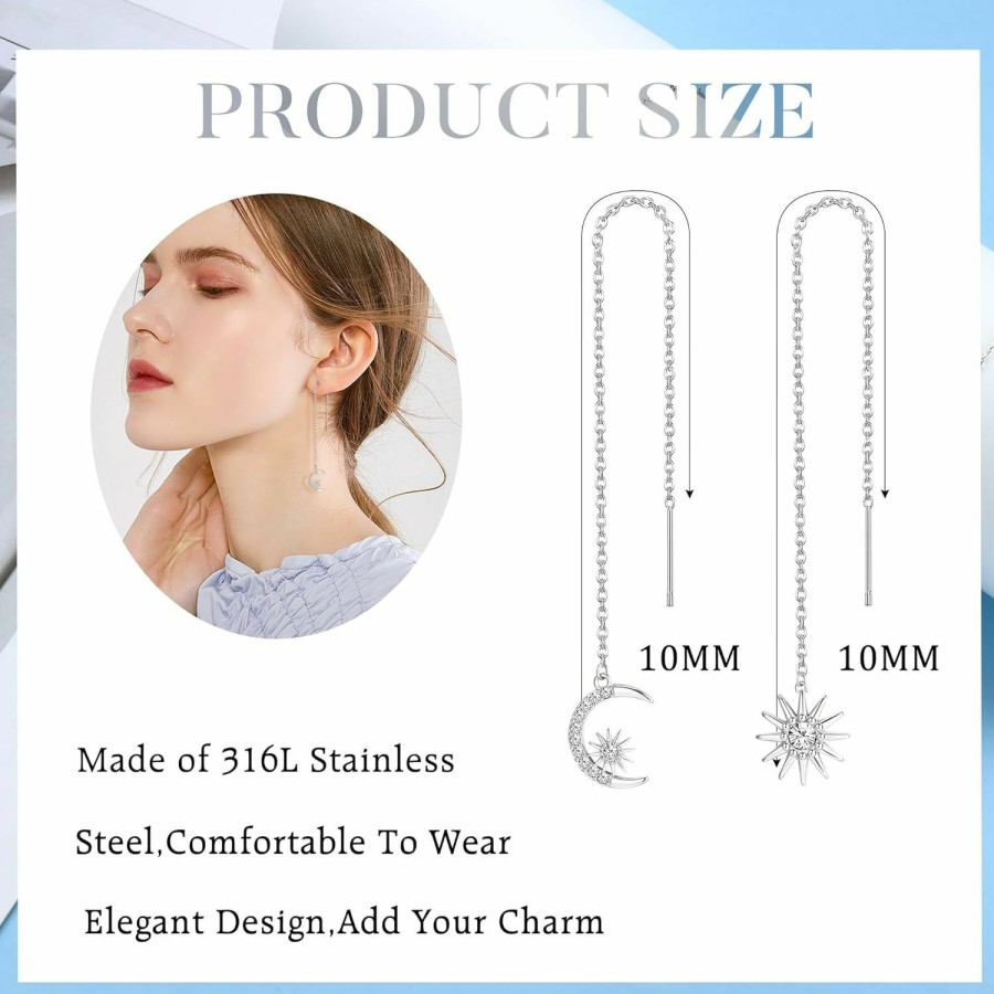 ORAZIO Orazio 9 Pairs Threader Earrings For Women Stainless Steel Chain Tassel Earrings Lightweight Double Twist Wave Heart Moon Leaf Threader Dangle Drop Earrings Minimalist Long Chain Earrings Set | Earrings