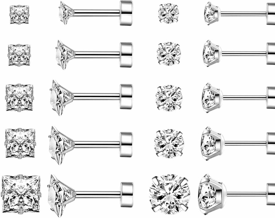 ALEXCRAFT Alexcraft Stainless Steel Flat Back Stud Earrings Set For Women Hypoallergenic 316L Surgical Steel Cubic Zirconia Dot Stud Earrings Flatback Studs Earring For Men(10 Pairs) | Earrings