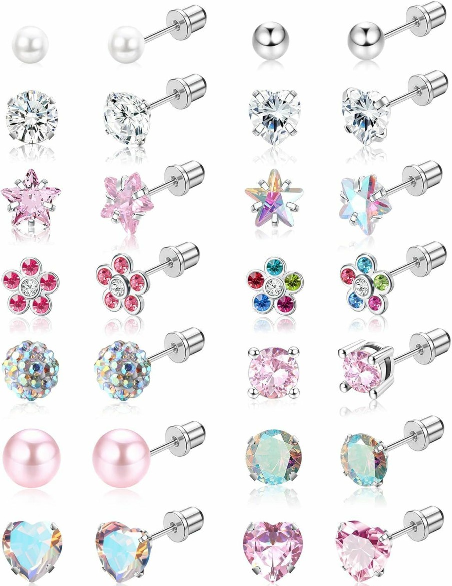 YADOCA Yadoca 14 Pairs Hypoallergenic Screw Back Earrings For Girls Women Surgical Steel Tiny Cz Pearl Ball Heart Flower Screwback Earrings Studs Set Multicolored Pink | Earrings