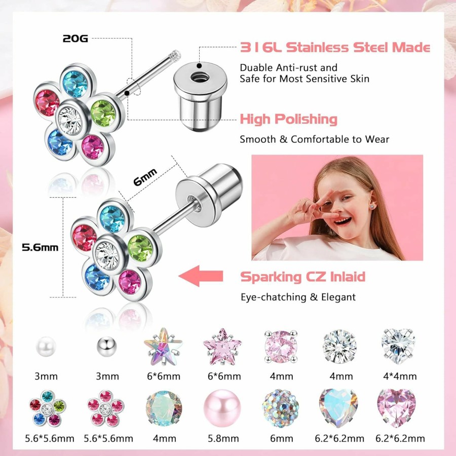 YADOCA Yadoca 14 Pairs Hypoallergenic Screw Back Earrings For Girls Women Surgical Steel Tiny Cz Pearl Ball Heart Flower Screwback Earrings Studs Set Multicolored Pink | Earrings